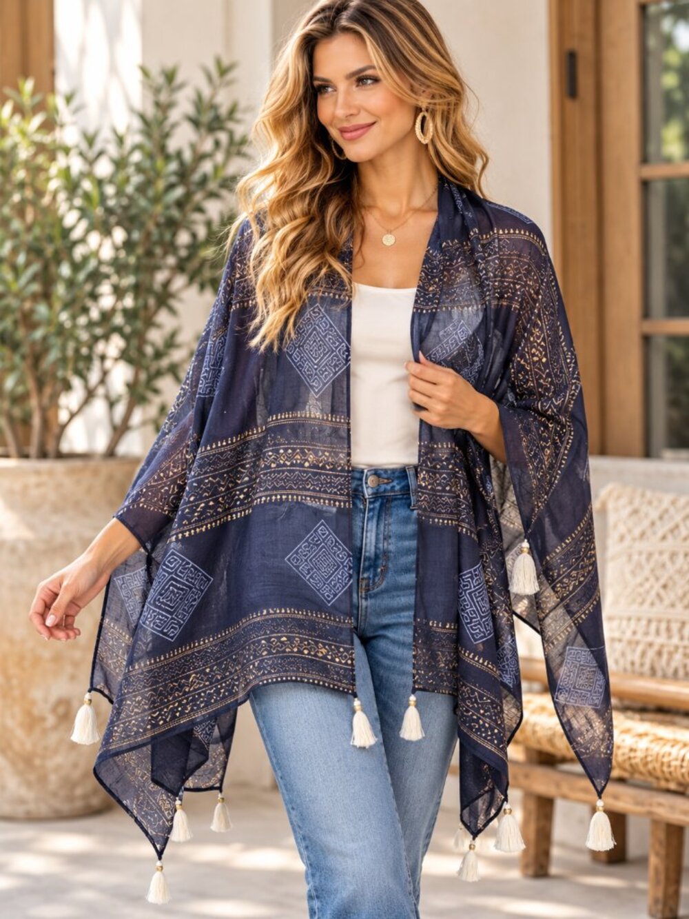 Rhea Navy Geometric Tassel Wrap Scarf Swim Coverup NWT